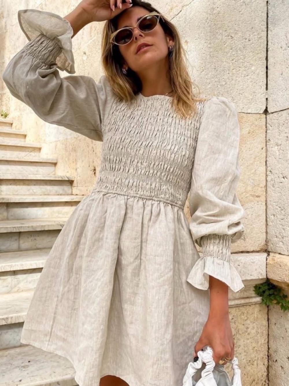 DISSH Cream Smocked Mini Dress with Puff Sleeves